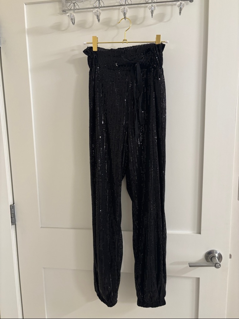 Black Sequin Paperbag Waist Joggers